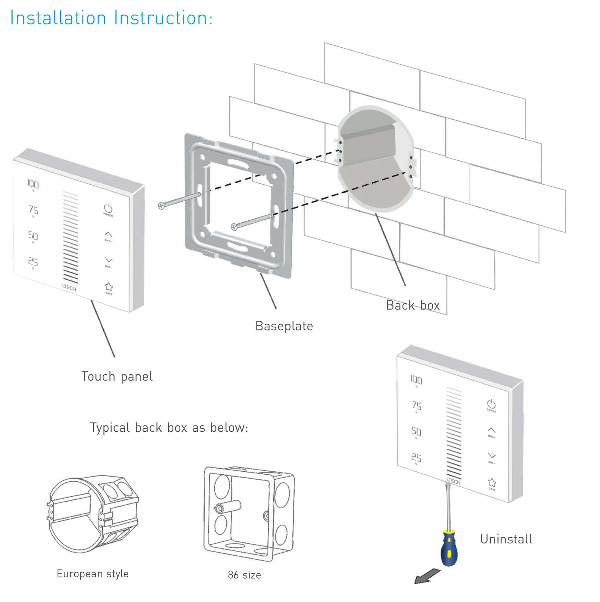 RF 2.4GHz, DMX512 Dimming Capacitive Touch Panel, 100-240Vac input, sync/Zone control function,IP44. EX1S  LTECH Touch Panel